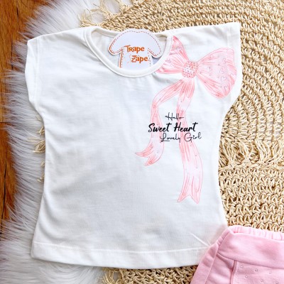 Conj. Blusa Sweet Heart e Short com Strass - Rosa e Off White